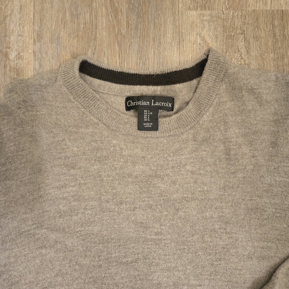 Christian Lacroix Extra Fine Merino Wool Crew Neck Sweater Size Large Tan - Picture 4 of 8